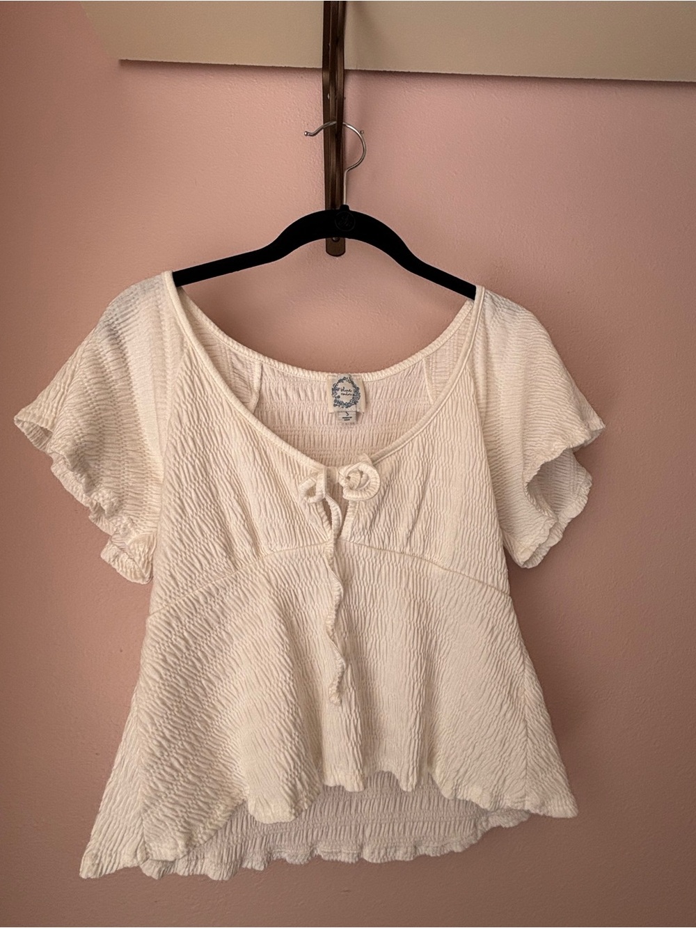 Blue Rain Cream Short Sleeve Tie-Front Textured Top